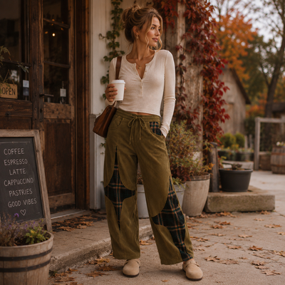 Corduroy Plaid Barrel Pants